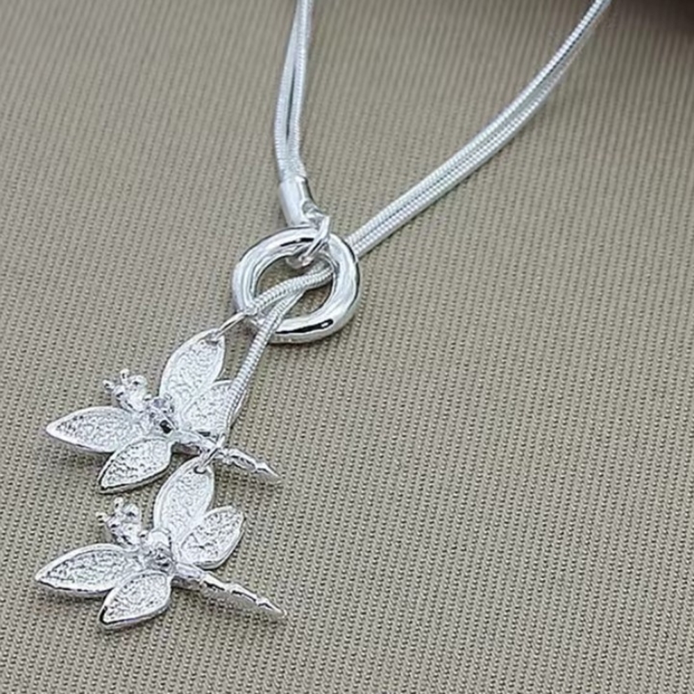 925 Sterling Silver Two Dragonfly Pendant Necklace 16 Inch Snake Chain Jewelry